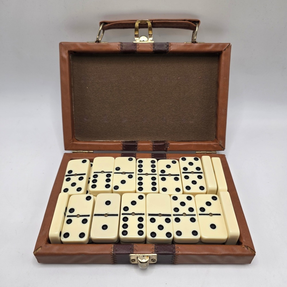 Dominoes Set Brown Faux Leather Case Double Six Vintage Style